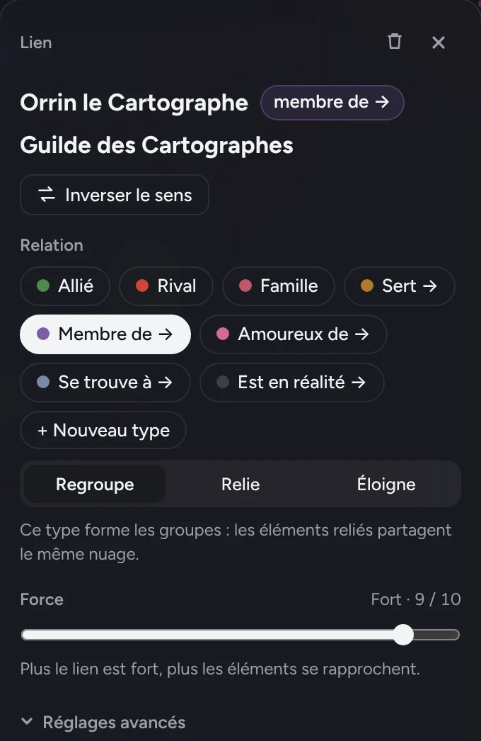 Le panneau d'un lien : la phrase « Orrin le Cartographe membre de Guilde des Cartographes », le type de relation et le choix Regroupe, Relie ou Éloigne
