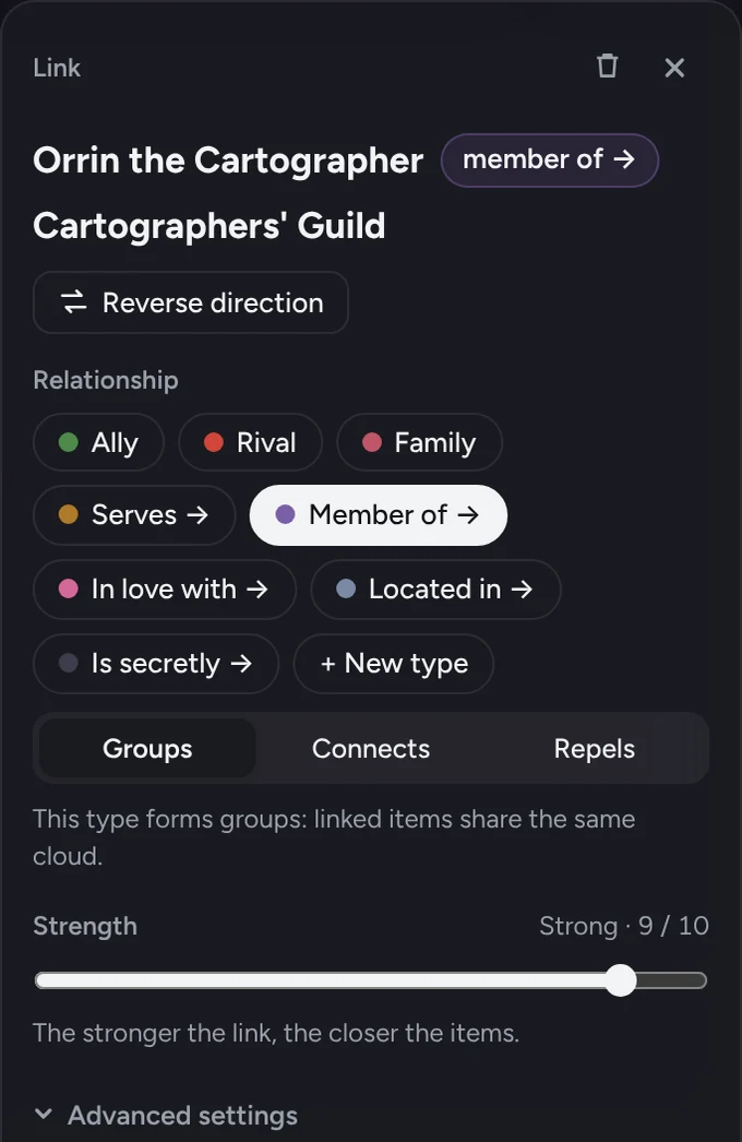 A link's panel: the sentence “Orrin the Cartographer member of Cartographers' Guild”, the relationship type and the choice between Groups, Connects and Repels